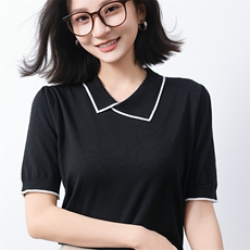 夏季不规则娃娃领针织短袖T恤女2025新设计感莱赛尔冰丝翻领小衫，女装T恤，冀清阳荣