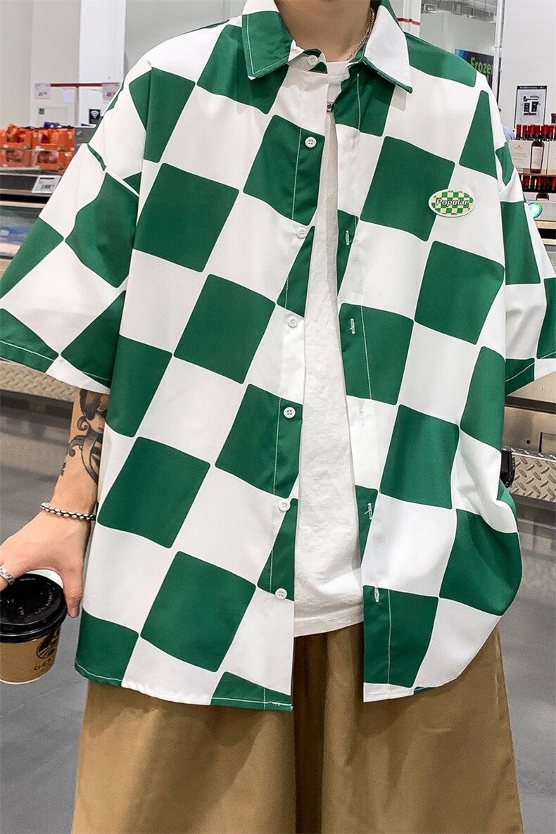 C6071/P35夏季新款格子冰丝短袖衬衫男女潮休闲衬衣宽松大码上衣,男装衬衫,电商A141