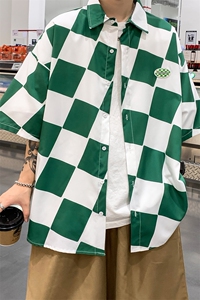 C6071/P35夏季新款格子冰丝短袖衬衫男女潮休闲衬衣宽松大码上衣图片