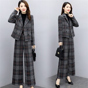 2024新款女装冬两件套裤大码格子毛呢外套阔腿裤休闲时尚套装女潮图片