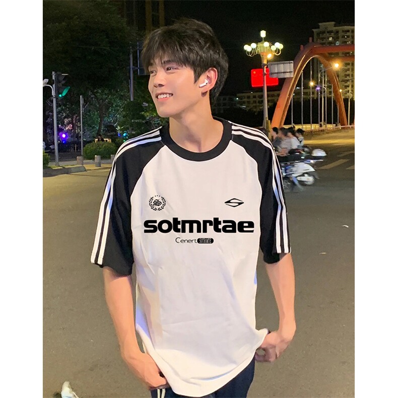 抖音得物品质二开240克宽松纯棉美式潮牌插肩三杠织带短袖T恤，男装T恤，电商A486