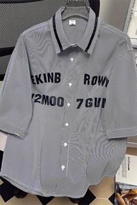1中性竖条纹大码M-5XL日系港风情侣七分袖衬衫男QCS7018P45控68图片