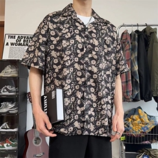 复古痞帅黑花短袖衬衫男女款休闲宽松衬衣外套DX101-特P30限价48，男装衬衫，电商A178