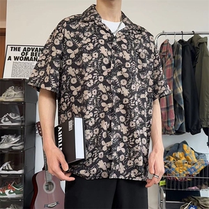 复古痞帅黑花短袖衬衫男女款休闲宽松衬衣外套DX101-特P30 限价48图片