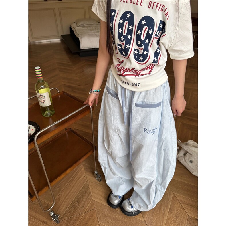 美式街头条纹弯刀裤女2025超火夏装新款垂感宽松百搭阔腿休闲裤子，男装休闲裤，星座506A