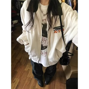 秋季复古简约宽松翻领ing小众飞行员夹克棒球服外套男女JZ41,白裤子可以搭配藏青色外套吗图片