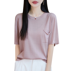 夏季天丝亚麻圆领短袖针织T恤打底衫女宽松显瘦韩版薄内搭简约潮图片