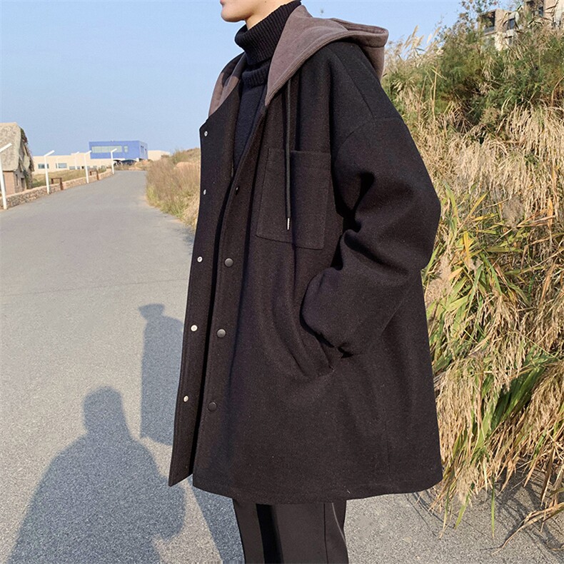 1014-WF43-P69-毛呢风衣男秋冬中长款加厚连帽外套图片
