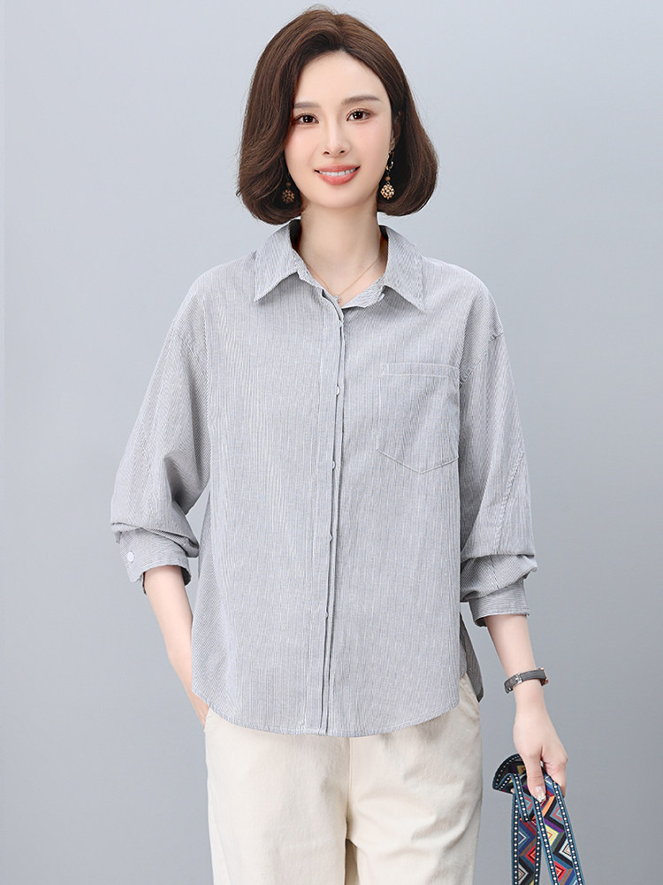 纯棉条纹衬衫女长袖2025年春季新款衬衣减龄洋气小衫中年妈妈上衣,女装衬衫,忆绮罗