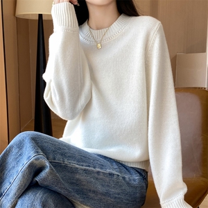 纯色女圆领套头毛衣宽松慵懒风加厚纯色打底羊毛衫图片