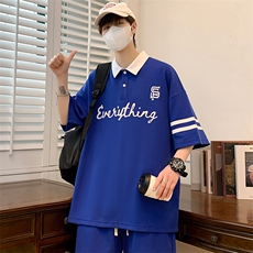 夏装青少年宽松休闲Polo衫字母印花半袖套装男女6620-P70控价98，男装Polo衫，电商A441-1