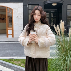 新中式重工串珠拼毛短款羽绒服90白鸭绒2C323-8877-310，女装羽绒服，2C323