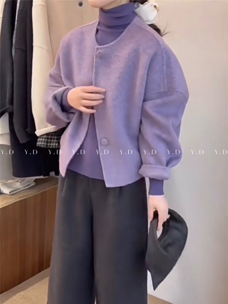 韩系短款秋冬新款圆领阔版显瘦单排包扣羊毛外套(含5.,女装双面呢大衣,依嘟服饰