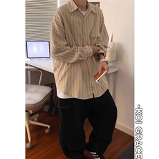 日系复古灯芯绒条纹长袖衬衫男女春秋小清新学院风宽松休闲衬衣潮，男装衬衫，星座506A