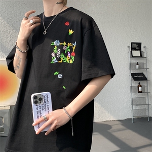 潮牌短袖T恤花绘刺绣设计感T恤美式复古条纹口袋短袖T恤半袖 P48图片