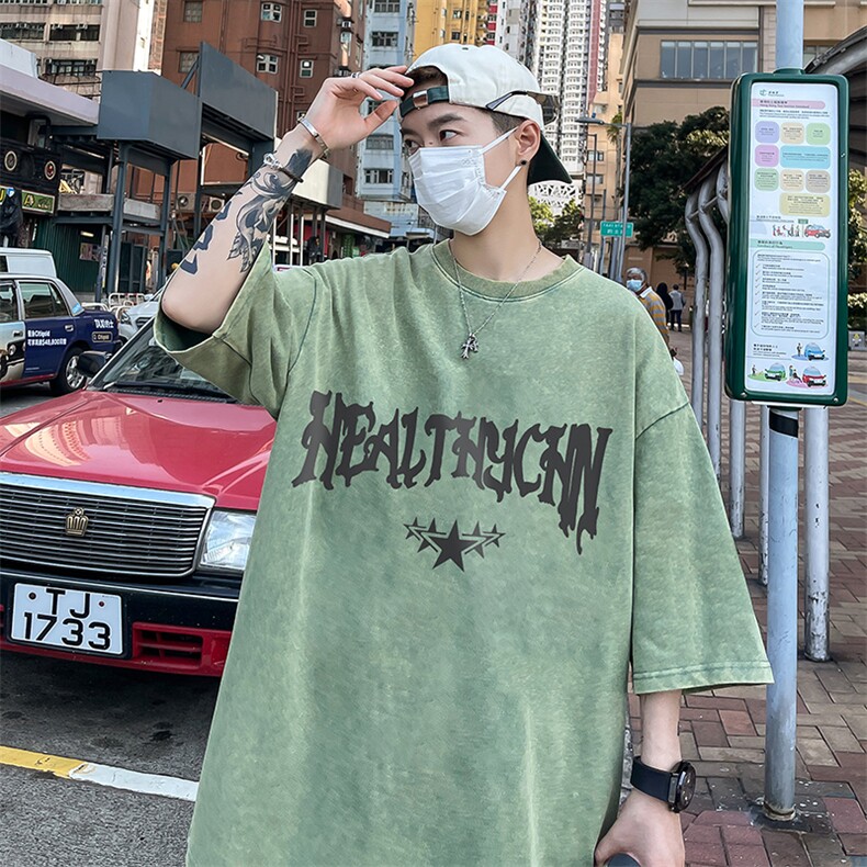 美式创意字母印花复古水洗做旧半袖重磅短袖T恤B239-1137-P38,男装T恤,星座514-2(原B239)