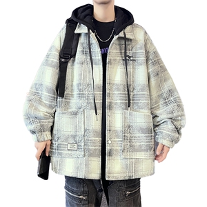 冬季外套男加厚格子夹克连帽秋冬款棒球服宽松休闲棉服V206-P110图片