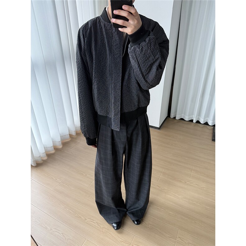 老钱风抖音面料格纹双面穿短款飞行员夹克外套W1803/特P88,男装夹克,电商B350