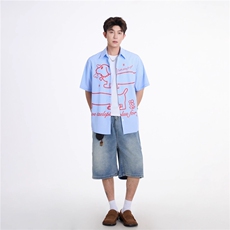 韩版学院风卡通小狗印花短袖条纹衬衫ins男女生夏季宽松慵懒外套，男装T恤，星座613