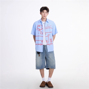 韩版学院风卡通小狗印花短袖条纹衬衫ins男女生夏季宽松慵懒外套图片