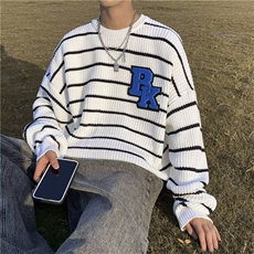 秋季美式慵懒风圆领条纹毛衣2023新款宽松休闲上衣外套M831-P43，男装针织衫/毛衣，星座512-2