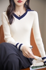 秋季新款学院风V领针织衫显瘦百搭长袖毛衣时尚气质女装，女装针织衫/毛衣，凝珊羊绒