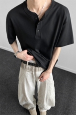 白色亨利领休闲短袖Tt恤男士半袖体恤男装打底衫上衣男装潮，男装T恤，星座914