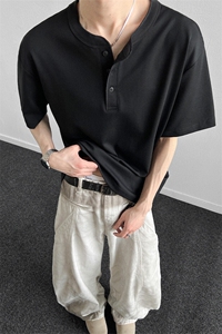 白色亨利领休闲短袖Tt恤男士半袖体恤男装打底衫上衣男装潮图片