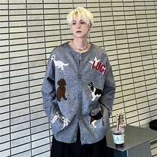 美式复古趣味卡通小狗刺绣针织开衫外套慵懒风毛衣12850-63，男装针织衫/毛衣，电商C307