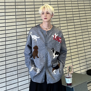 美式复古趣味卡通小狗刺绣针织开衫外套慵懒风毛衣12850-63图片