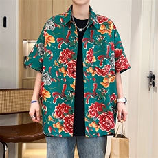 D1男女中性风东北大花短袖衬衫衬衣外套民族风汉服团队服，男装T恤，星座115A(原星座507）