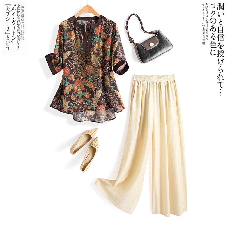 水衣源2227款烫钻印花棉麻风宽松衬衫配阔腿裤两件套女，女装套装/套裙，水衣源