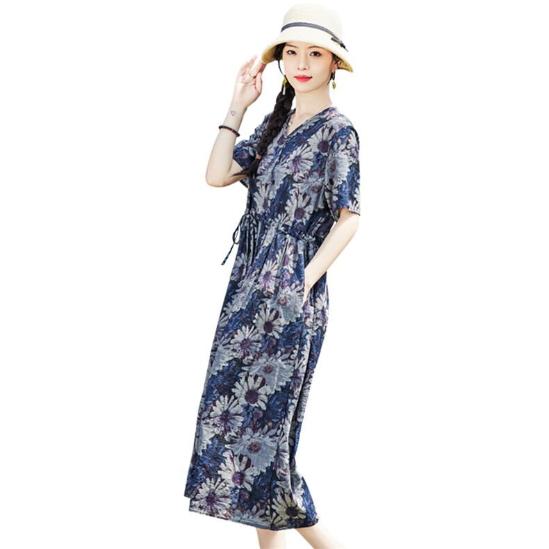 2023春秋新款棉麻圆领长袖印花连衣裙女收腰长裙时尚显瘦气质裙子,女装连衣裙,铭街依杨
