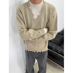 复古假两件破坏毛衣男时尚痞帅慵懒风宽松情侣毛边针织衫 M7701图片