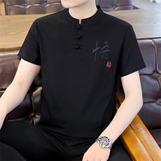 风2026夏季纯棉盘扣绣短袖T恤唐装大码男士小衫XF6512-P55，男装T恤，星座1105-3