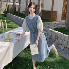 夏季甜美牛仔拼接中长款连衣裙女显瘦修身气质淑女风，女装连衣裙，秋水欣儿