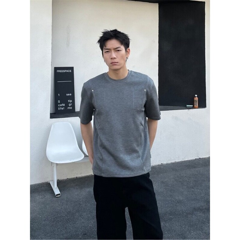 夏季美式复古解构铆钉褶皱设计感短袖T恤男女重磅宽松半袖上衣潮,男装T恤,星座506A