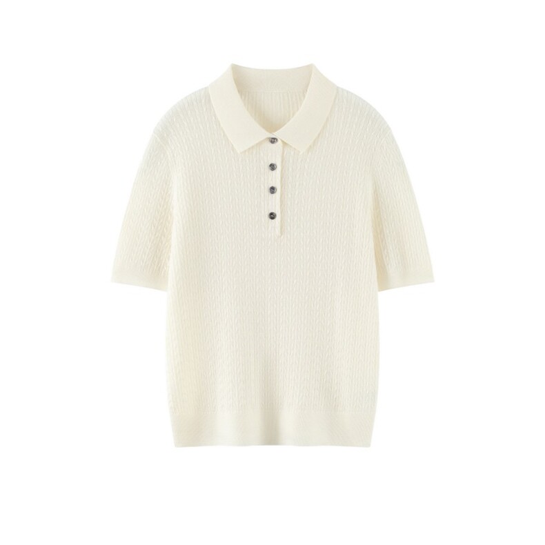 2025年秋季时尚百搭通勤简约polo领麻花短袖，女装T恤，致织羊绒