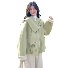 新款！冬装撞色配围巾双面羊毛呢大衣2C133-8982-P265-K378，女装毛呢外套，2C133