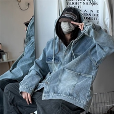 2024蓝色连帽牛仔外套男薄款日系复古宽松显瘦小个子上衣3523/P80，男装工装外套，星座506