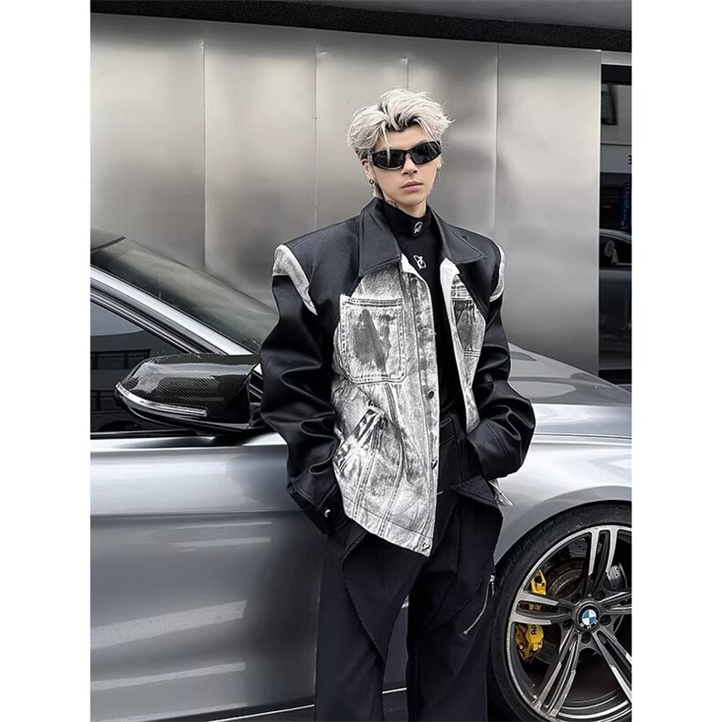 美式街头复古拼接重工水洗牛仔pu皮垫肩夹克外套PY8570-P78,男装夹克,星座208-5