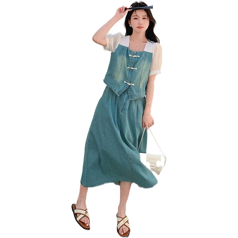 现货新中式风牛仔拼接短袖上衣半身裙两件套2578-145-k208,女装套装/套裙,2C159