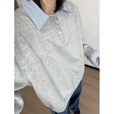 假两件撞色拼接衬衫领卫衣男女秋季长袖翻领宽松情侣款设计感上衣，男装Polo衫，星座506A