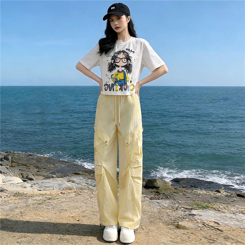 甜美时尚休闲套装女夏季新款圆领卡通印花T恤宽松工装长裤两件套，女装套装/套裙，江南