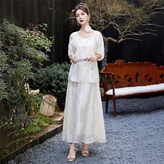 温柔橘粉色刺绣套装裙女2024夏季新款贵夫人盘扣上衣半身裙两件套，女装套装/套裙，尚娜萱