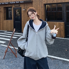 抖音得物二开美式高街重磅结构双层撞色连帽卫衣开衫外套W116，女装短外套，电商A486-1