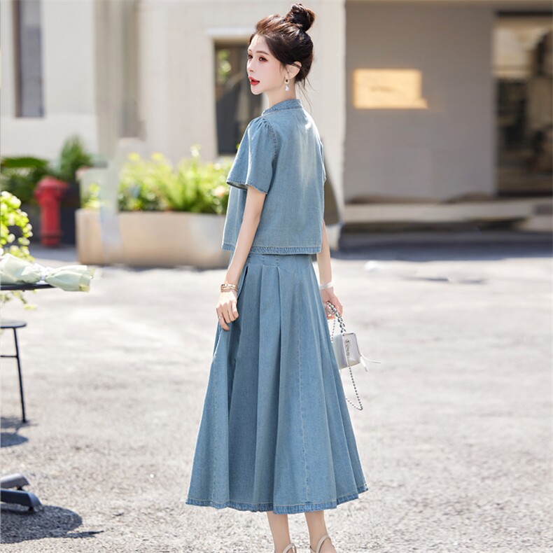新中式国风牛仔套装裙女2025年夏季新款复古盘扣半身裙时尚两件套,女装套装/套裙,欣品汇