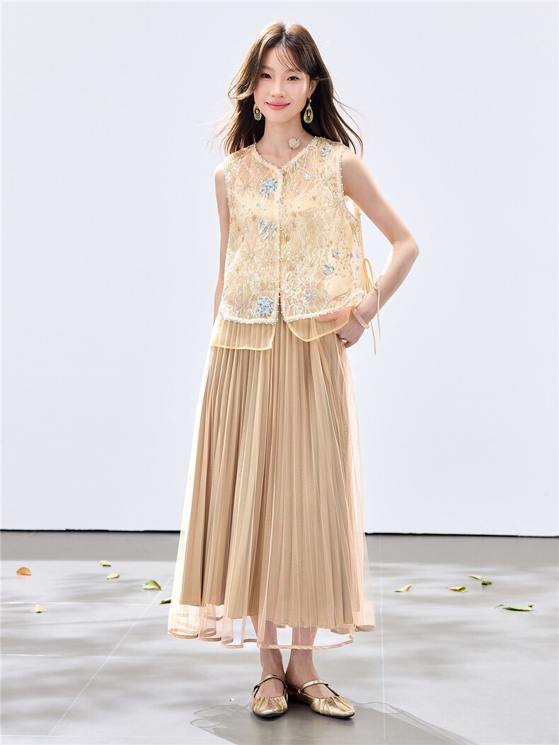 夏季新款现货！2026新中式重工洋气百搭款马甲+百褶半裙两件套女,女装套装/套裙,宝儿家