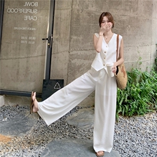 白色设计感蕾丝拼接马甲套装女2025夏季新款韩系休闲阔腿裤两件套，女装套装/套裙，慧尚2-185