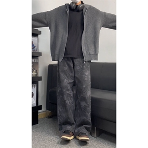 抖音品质美式高街oversize设计感蛇纹迷彩水洗弯刀裤图片
